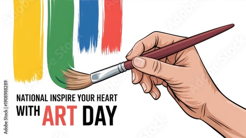 Human hand holds paintbrush painting colorful strokes yellow green blue red on a white canvas an illustration for Nation