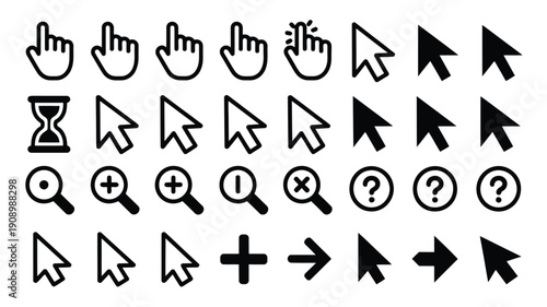 Hand cursor and arrow pointer icon collection isolated on white background
