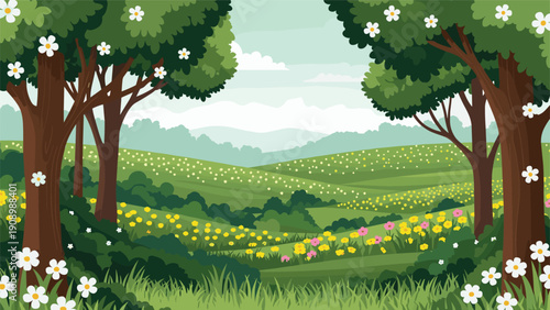 Picturesque summer meadow filled with yellow wildflowers is framed by lush green trees under a soft cloudy sky in a charming rural landscape.