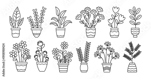 Potted Plant Icons Vector – Hand Drawn Indoor Houseplant Illustrations – Black and White Outline Botanical Set for Home Decor, Gardening and Branding Design