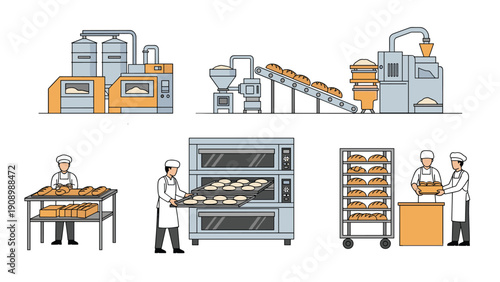Industrial bakery process infographic shows various stages from flour storage and dough mixing to baking in large ovens and packing finished bread.