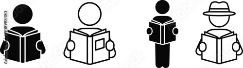Flat vector illustration of people reading books, education icons, study symbols, learning silhouettes, outline and solid styles, knowledge design elements