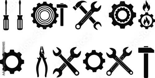 Flat vector illustration of mechanical tools, engineering silhouettes, repair icons, industrial work symbols, gear and wrench elements, hammer and pliers
