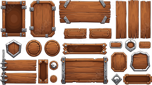 Flat vector illustration of wooden signboards, rustic planks, fantasy game UI elements, decorative wood textures, cartoon signs with metal brackets