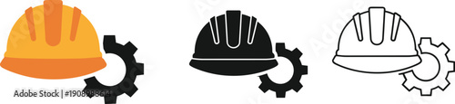 Flat vector illustration of construction helmet with gear, engineering safety symbols, industrial work icons, mechanical design elements, outline and silhouette styles