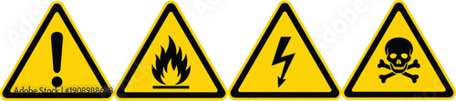 Flat vector illustration of hazard warning signs, safety icons, caution symbols, flammable, electrical, toxic danger indicators, triangular yellow signage