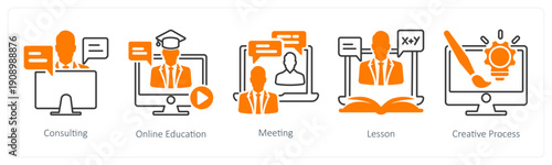A set of 5 mix icons as consulting, online education, meeting