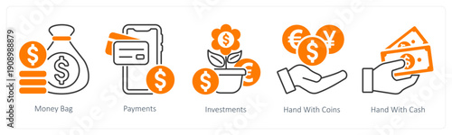 A set of 5 mix icons as money bag, payments, investments