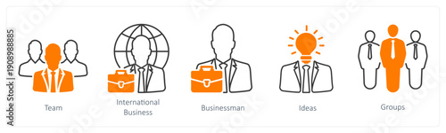A set of 5 mix icons as team, international business, businessman