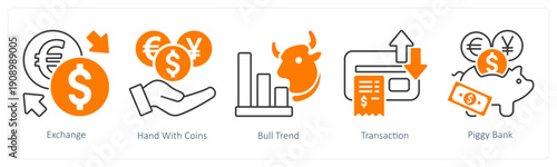 A set of 5 mix icons as exchange, hand with coins, bull trend,