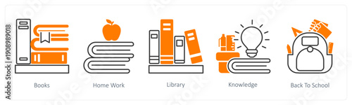 A set of 5 mix icons as books, home work, library