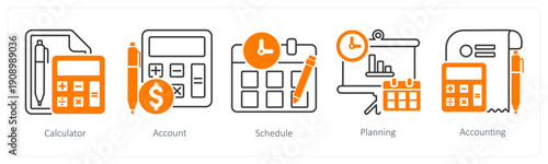 A set of 5 mix icons as calculator, account, schedule