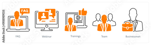 A set of 5 mix icons as faq, webinar, trainings