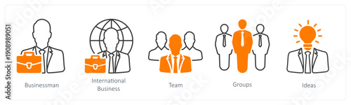 A set of 5 mix icons as businessman, international business, team
