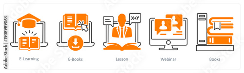 A set of 5 mix icons as e learning, e book, lesson