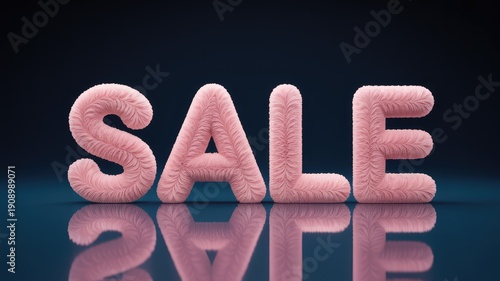 Pink fluffy fuzzy SALE letters on a dark reflective surface creating an eye catching and appealing visual