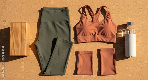 Flat lay of yoga and fitness apparel and accessories on a textured background.