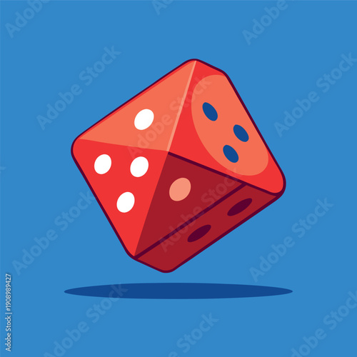 A colorful red and orange dice floating in the air with a blue background