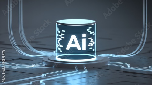 Illuminated Ai artificial intelligence core glowing on a futuristic circuit board platform with connecting data lines in