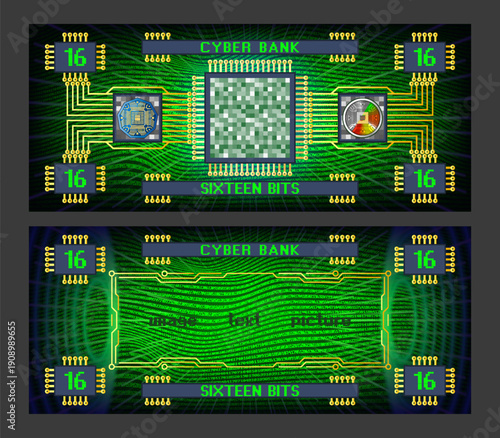 Vector obverse and reverse of futuristic abstract electronic banknote. Digital money. Cyber bank, denomination 16 bits. Bright glowing radiant screen. Graphic computer chip, pixels. Sample