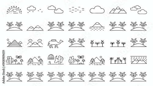 Minimalist Arabian Desert Landscape and Camel Line Art with Copy Space