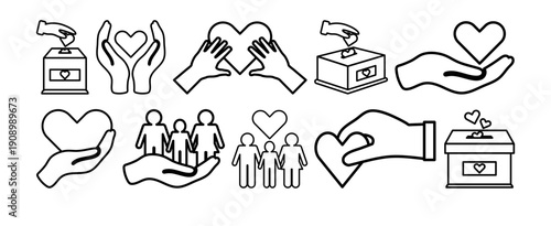 “Set of charity and donation outline icons with hands holding hearts, family care symbols, and fundraising boxes for nonprofit, volunteering, and social support concepts.