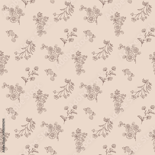 Seamless floral pattern, ditsy flower pattern, fabric print in vintage style on beige background, timeless floral, small ditsy flower. Design for home textile, wallpaper pattern, fabric, fashion