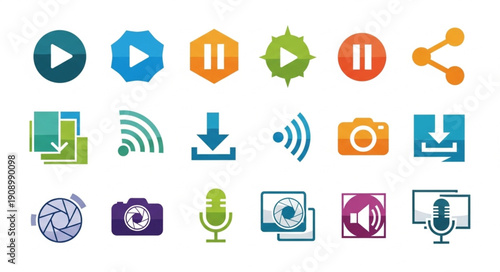 Collection of modern media and technology icons for digital applications.