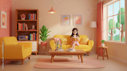 Young woman reading book on yellow sofa in cozy modern living room with plants and bookshelf