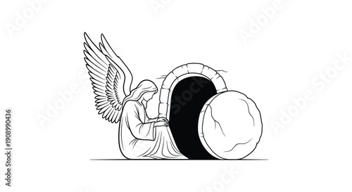 Angel sitting near tomb entrance on Easter Saturday, black and white vector illustration