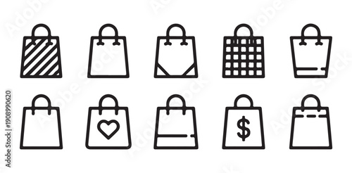 Hand drawn style shopping bag icons collection for fashion retail and online store checkout design