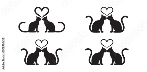 Kissing cats silhouette collection with floating hearts for valentine day and wedding invitations
