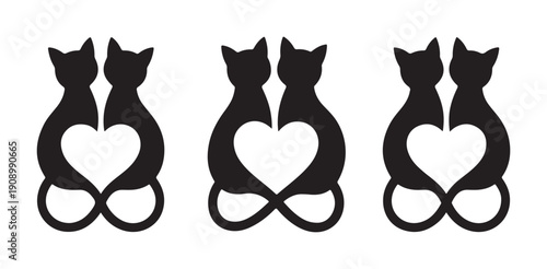 Mirror cat silhouettes forming heart center with infinity style tails for unique tattoo concepts