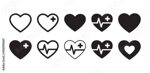 Heart icon collection with medical pulse and cross symbols for healthcare and cardiology branding