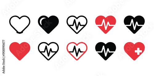 Medical heart icons set for healthcare design with heartbeat pulse line cardiogram and red symbols