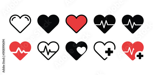 Cardiology heart icon set with medical heartbeat pulse line cross symbol plus sign and health care