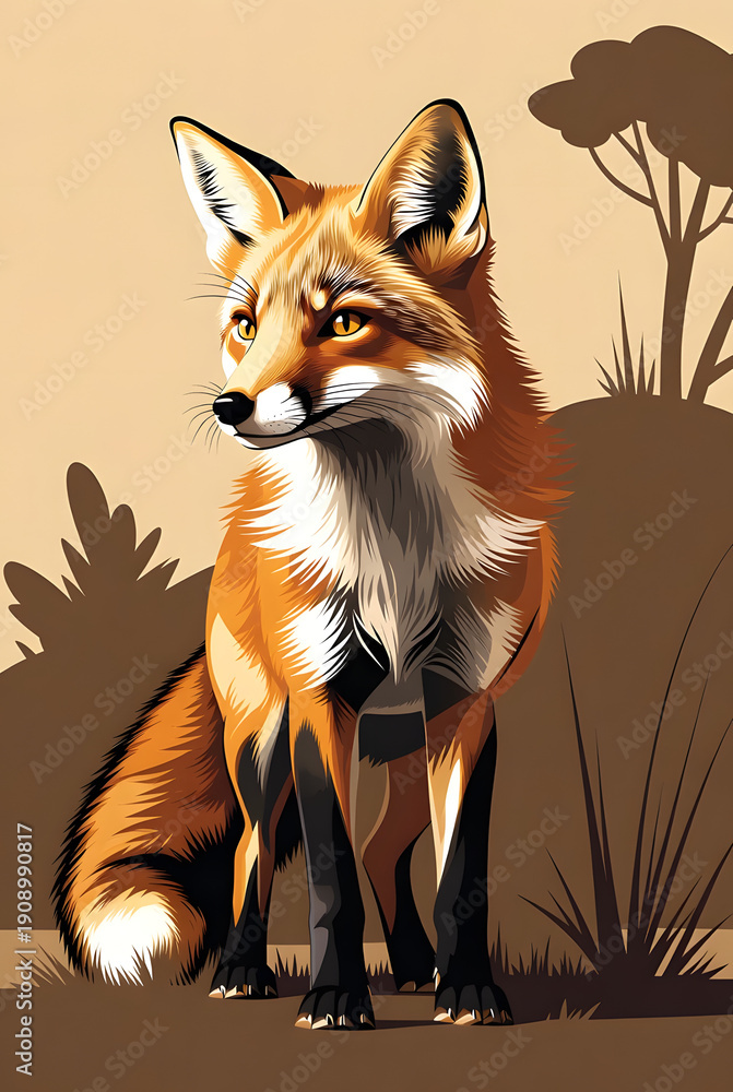 Obraz premium A stylized illustration portrait of a red fox sitting in a natural landscape