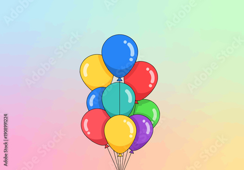Collection of colorful inflated round balloons tied together floating against a soft pastel gradient background representing a celebration event or