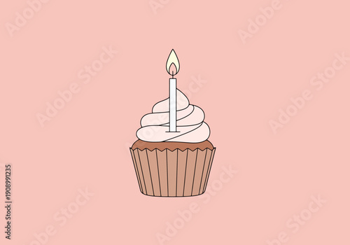 Single delicious cupcake with lit candle on a pale pink surface for celebration and sweet dessert concepts