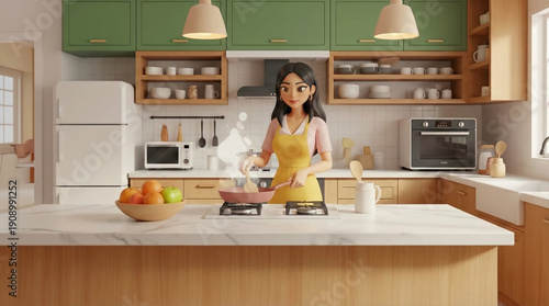 Woman cooking at stove in modern kitchen with green cabinets and white countertop