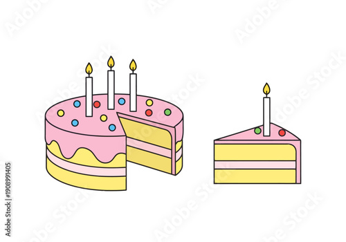 Festive Birthday Celebration Cake with Candles and Sprinkles and a Single Slice Ready to Serve for Any Special Occasion