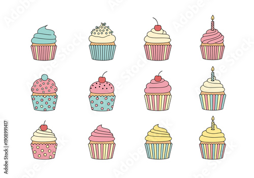 Collection of Twelve Assorted Decorated Sweet Confections Displayed on White Background Ready for Celebration Parties And Baking Events