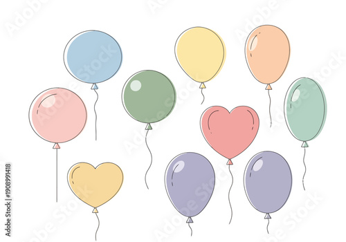 Collection Of Colorful Pastel Shaped Balloons Floating On White Background For Celebrations And Parties