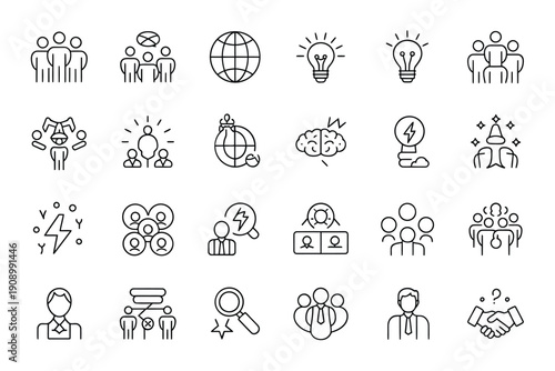 Collection of linear icons depicting teamwork ideas and global connections