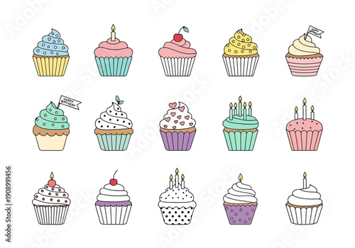 Collection of Fifteen Fun Sweet Desserts with Decorations Colorful Frosting and Candles Including Cherries Butterflies and Hearts for Celebrations