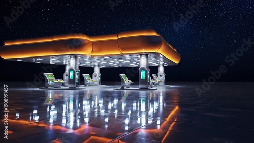 Futuristic gas station night scene with illuminated canopy, digital screens, modern architecture, starry sky, clean reflective floor, neon light