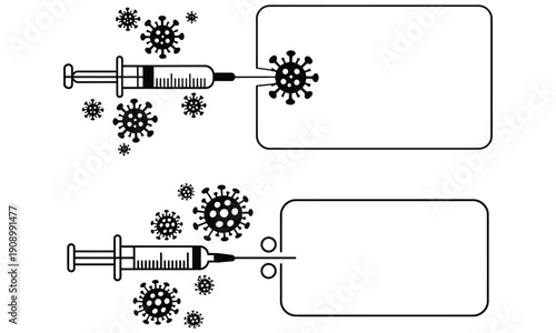 Black and White Syringe Injection with Virus Icons Line Art Medical Illustration
