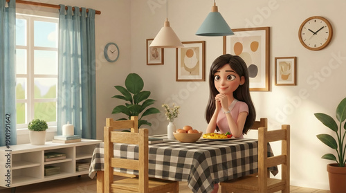 Woman sitting at dining table with checkered tablecloth ready to eat healthy meal