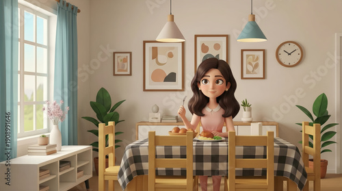 Woman about to eat meal at dining table in modern home with checkered tablecloth