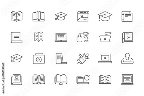 Collection of linear education icons depicting learning and academic subjects